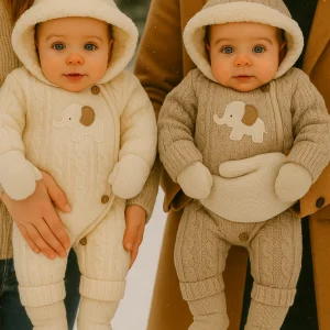 Combinaison Unisexe éléphant bébé hiver avec capuche moufles et chaussettes 100% laine et coton ref 710
