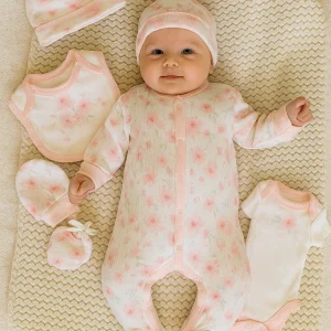 Coffret naissance fleuri 5 pièces Bébé fille 0/3 et 3/6 mois coton ref 6231
