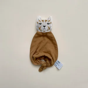Doudou Chat en double gaze camel personnalisable