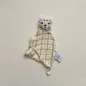 Doudou Chat en double gaze carreaux beige et camel personnalisable
