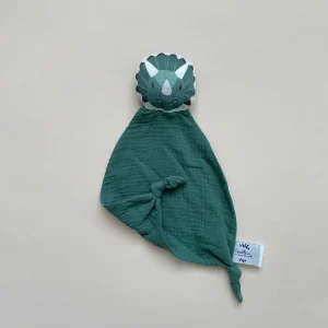 Doudou Dinosaure en double gaze vert eucalyptus personnalisable
