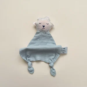 Doudou Mouton en double gaze de coton bleu glacier personnalisable
