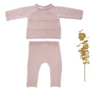 Ensemble Prématuré Petit Chat rose laine mérinos