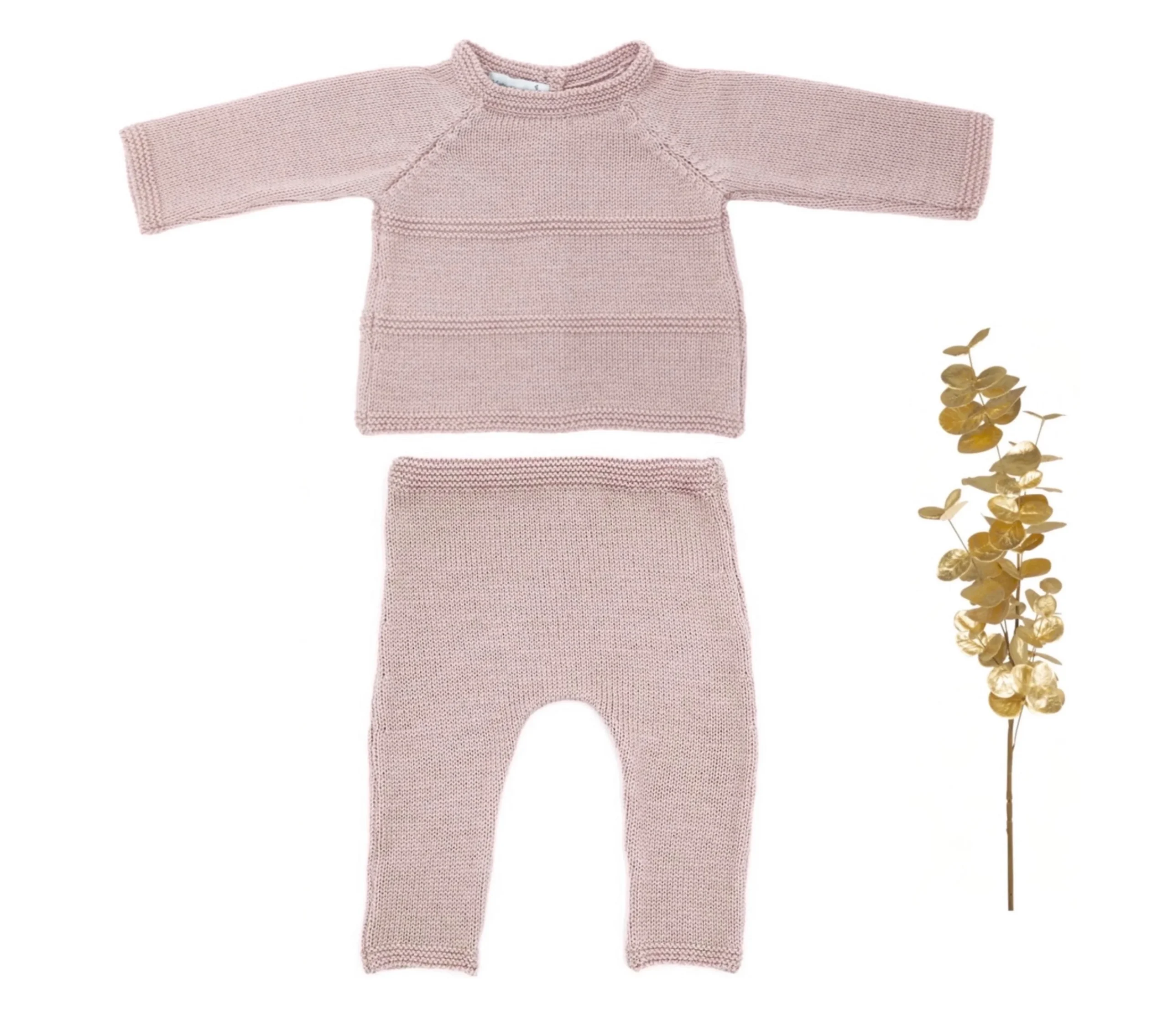 Ensemble Prématuré Petit Chat rose laine mérinos