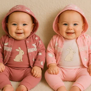 Ensemble bébé 3 pièces gilet imprimé lapin, body, pantalon 100 % coton taille de 0 à 6 mois ref 0460