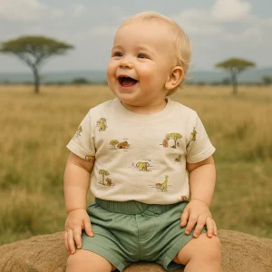 Ensemble savane taille de 1 à 4 ans coton imprimé animaux & short vert ref 11474