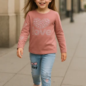 Ensemble fille haut rose Love + jean décoré 100% coton dernière taille 5 ans ref 9541